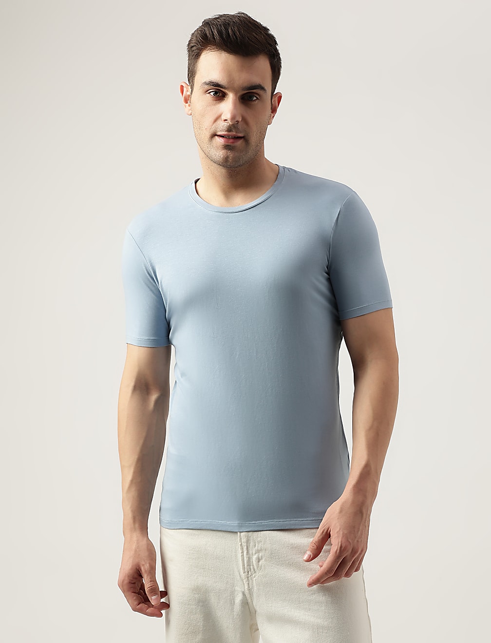 Cotton Blend Round Neck Solid T-Shirt