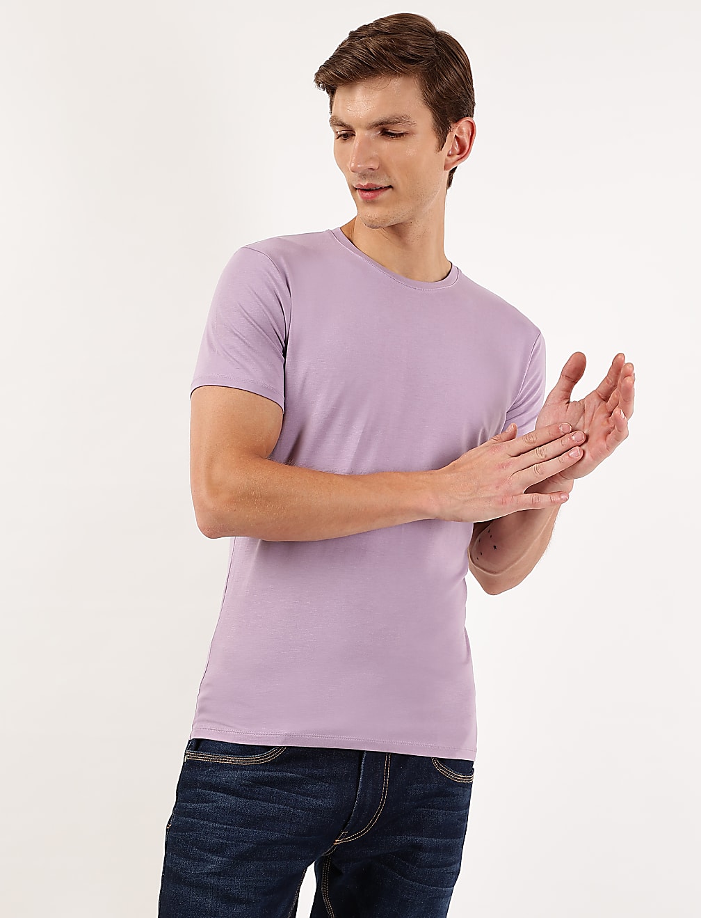 Cotton Blend Round Neck Solid T-Shirt