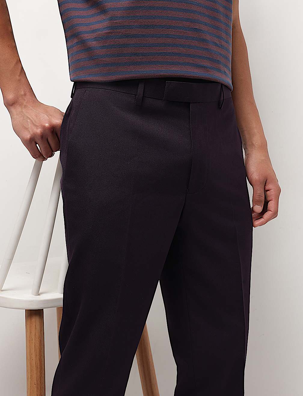 Mid Waist Textured Slim Fit Trousers