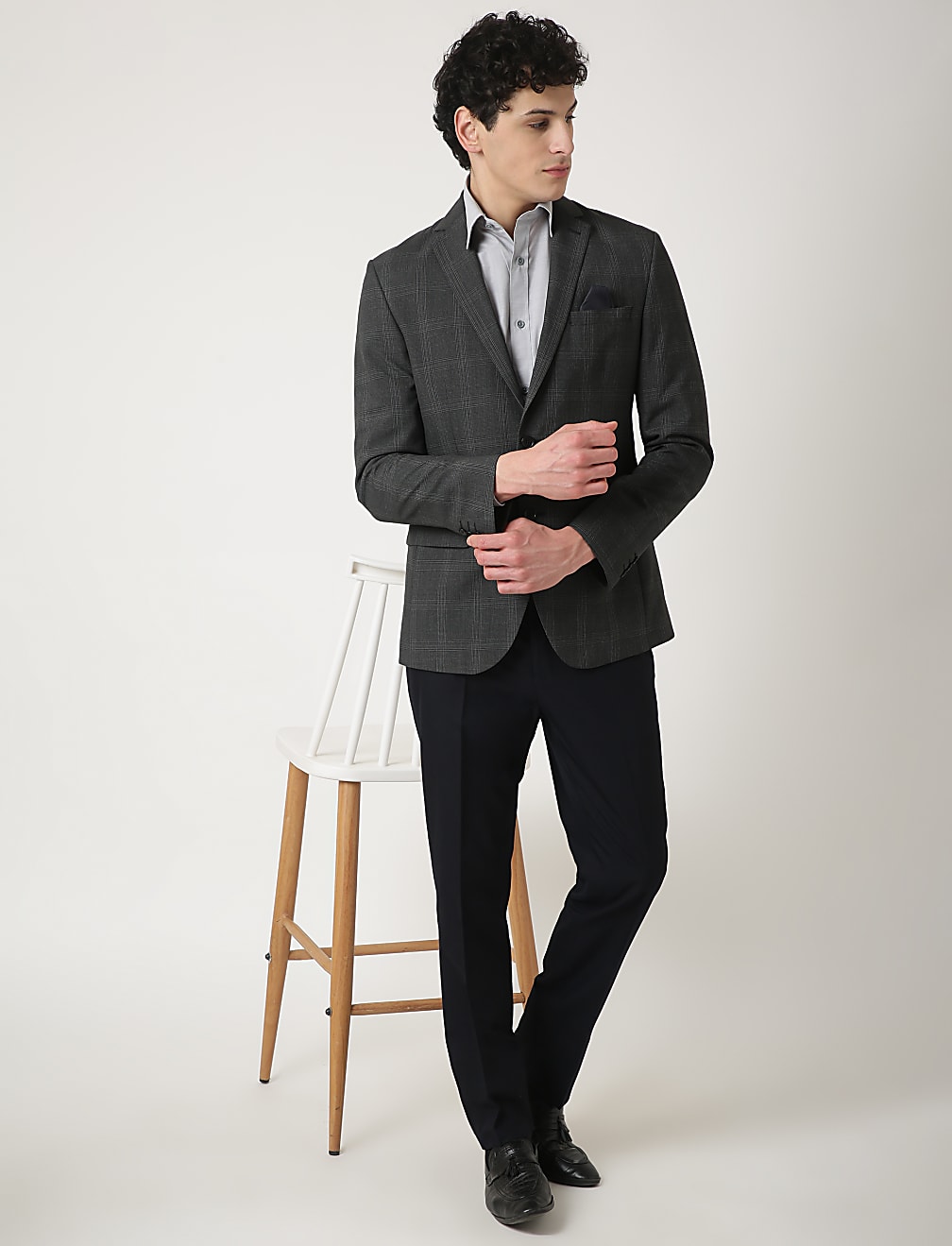 Checked Lapel Collar Blazer