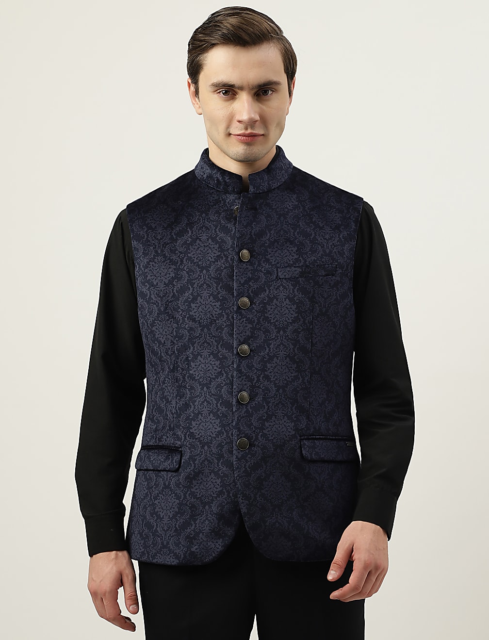 Printed Mandarin Collar Waistcoat