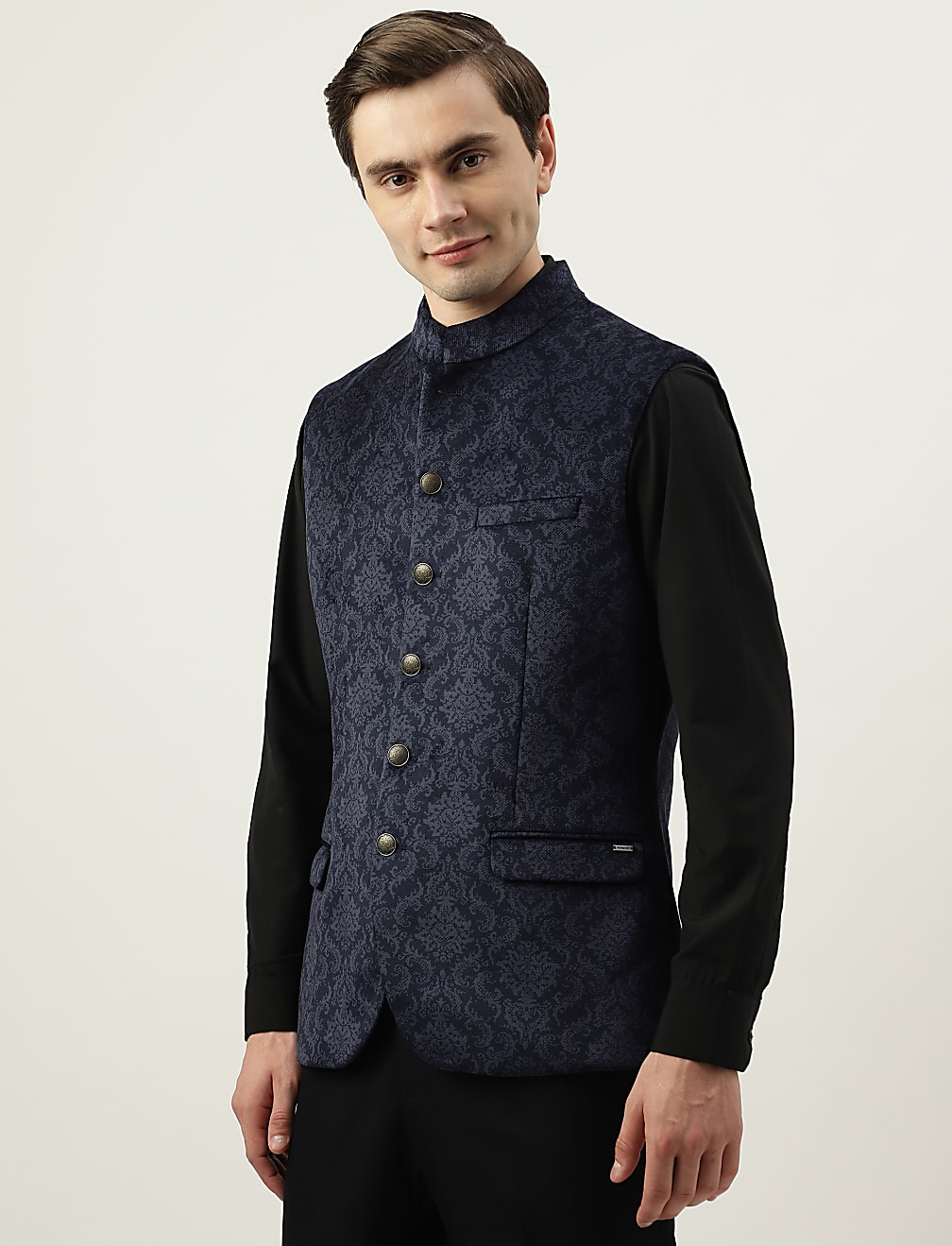 Printed Mandarin Collar Waistcoat