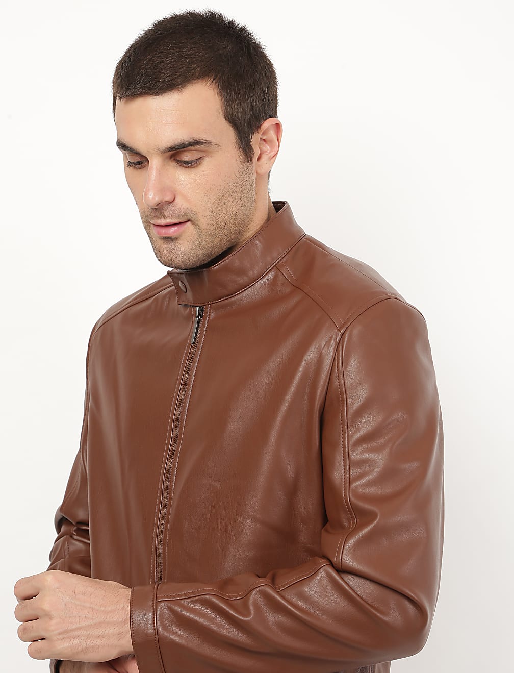 Faux Leather Funnel Neck Jacket