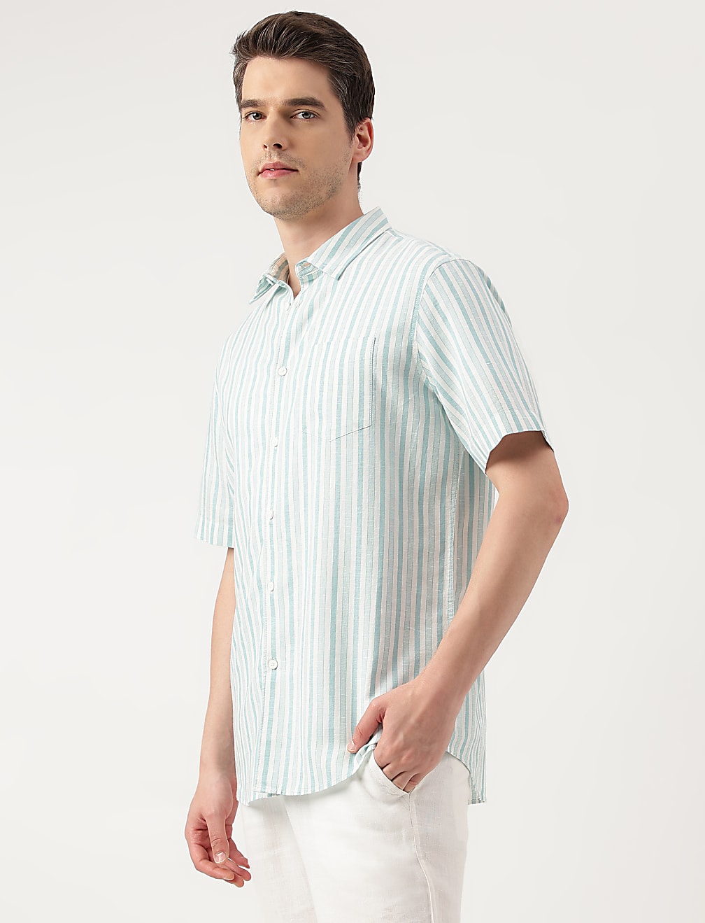 Linen Blend Leaves Spread Collar Shirt