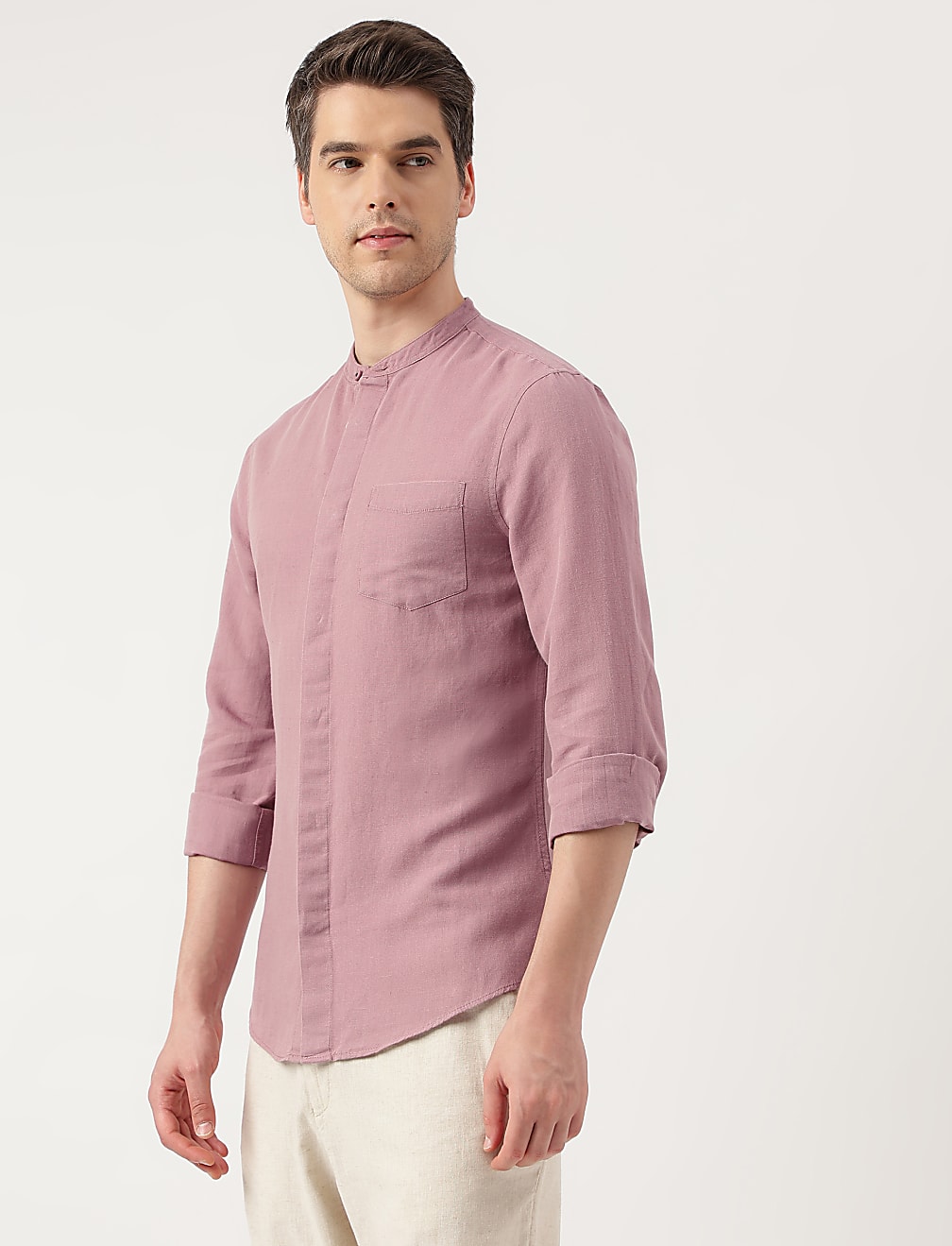 Linen Blend Solid Mandarin Neck Shirt
