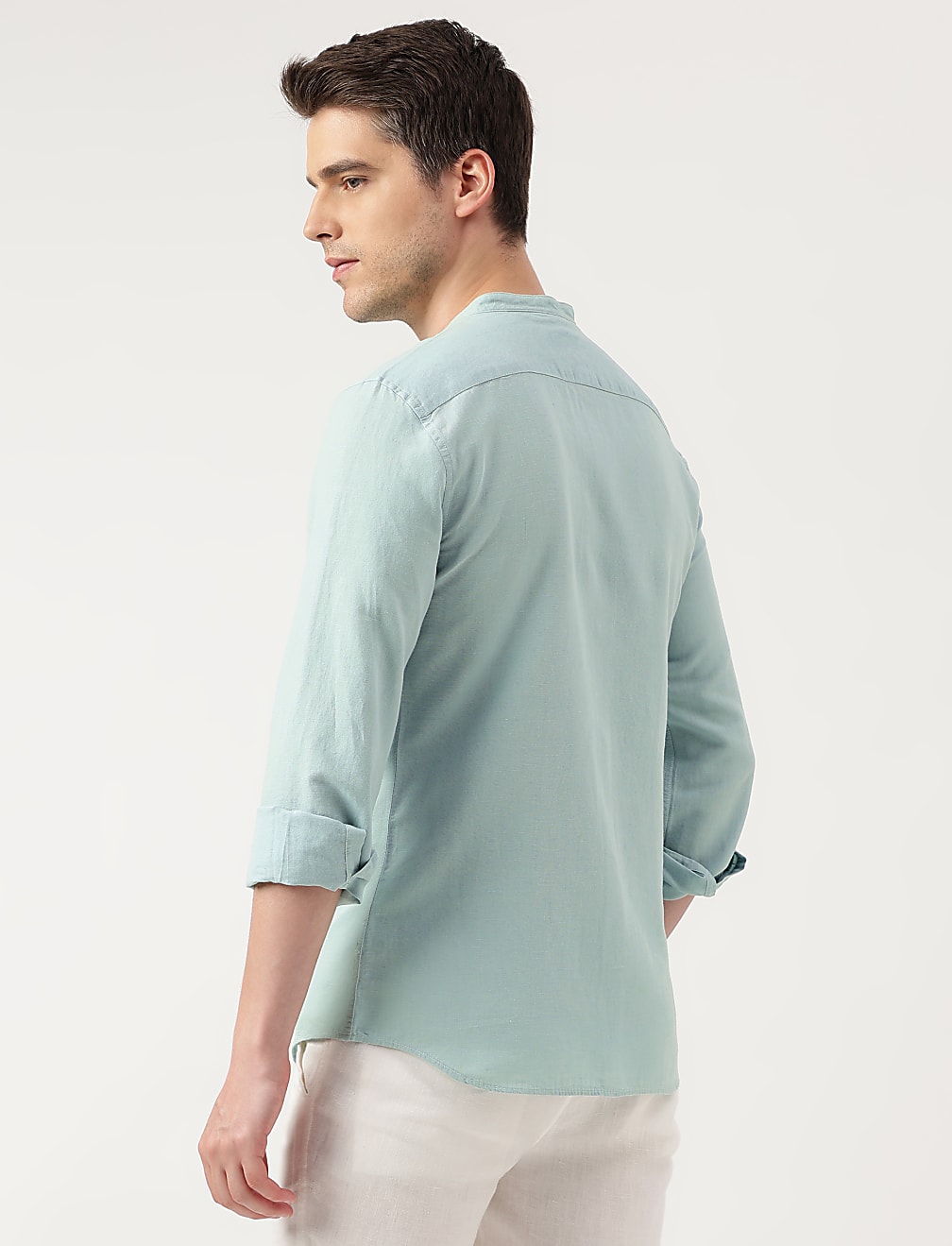 Linen Blend Solid Mandarin Neck Shirt