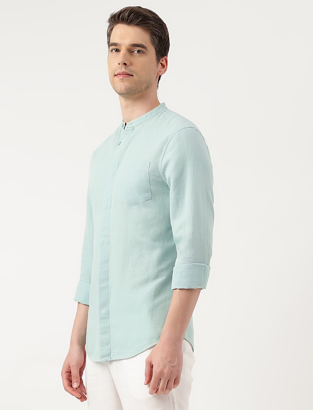 Linen Blend Solid Mandarin Neck Shirt