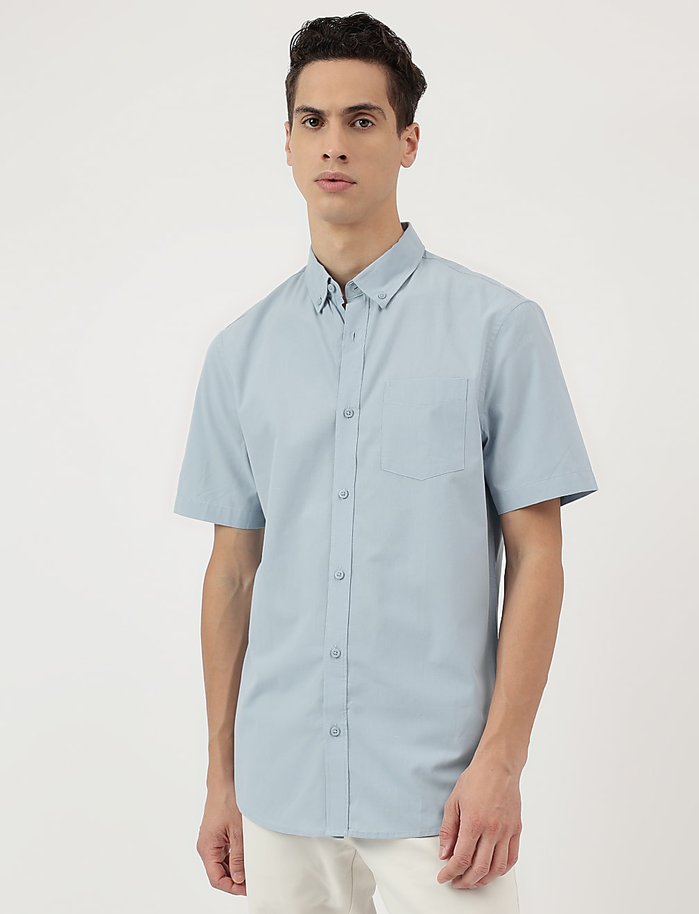 Pure Cotton Plain Button Down Collar Shirt