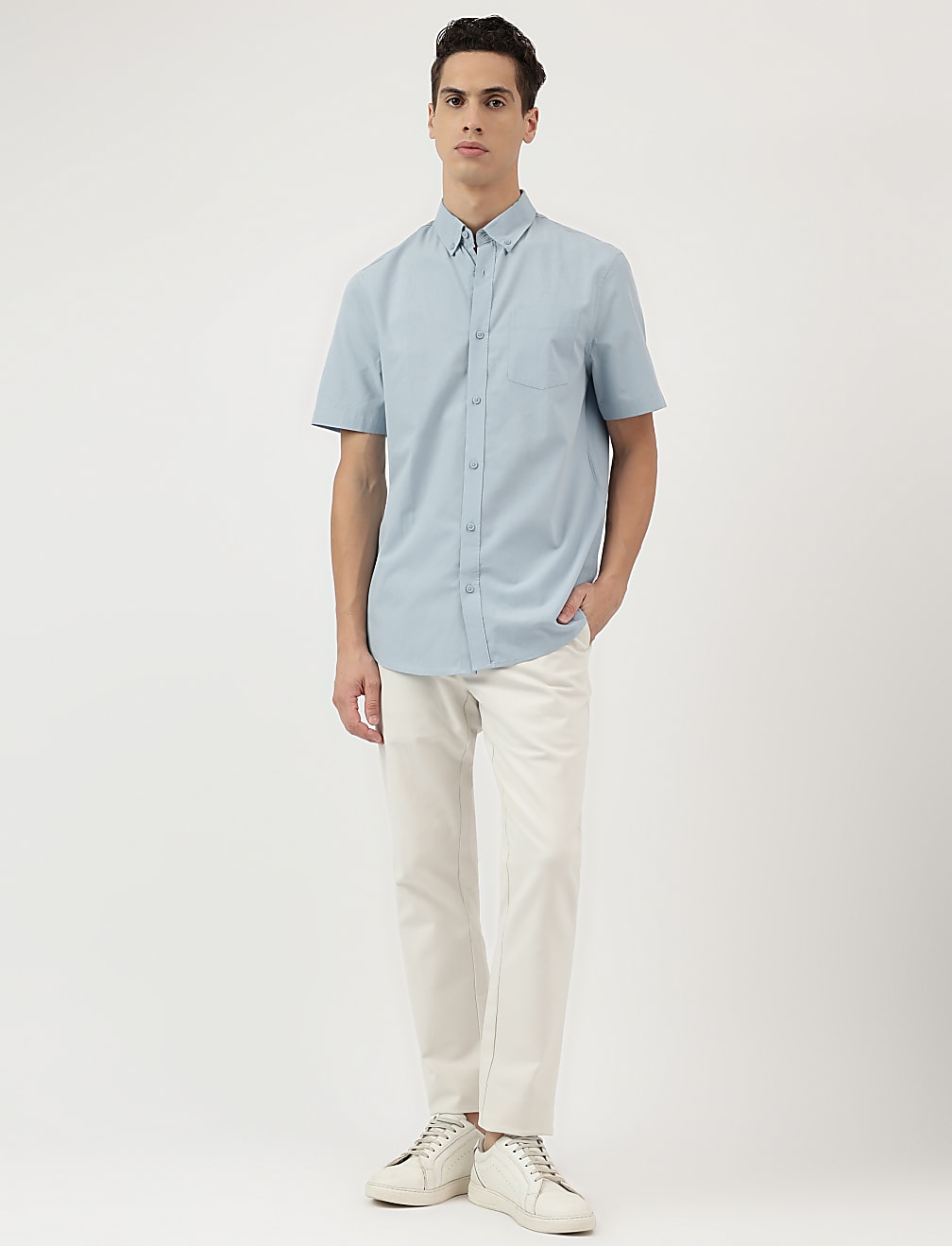 Pure Cotton Plain Button Down Collar Shirt
