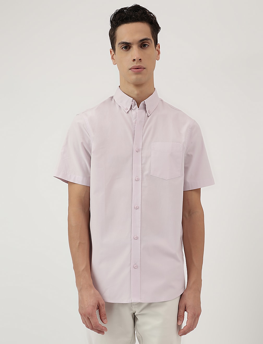 Pure Cotton Plain Button Down Collar Shirt