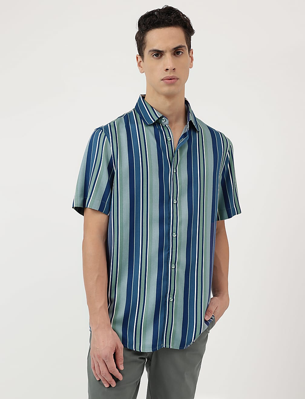 Pure Viscose Stripes Spread Collar Shirt
