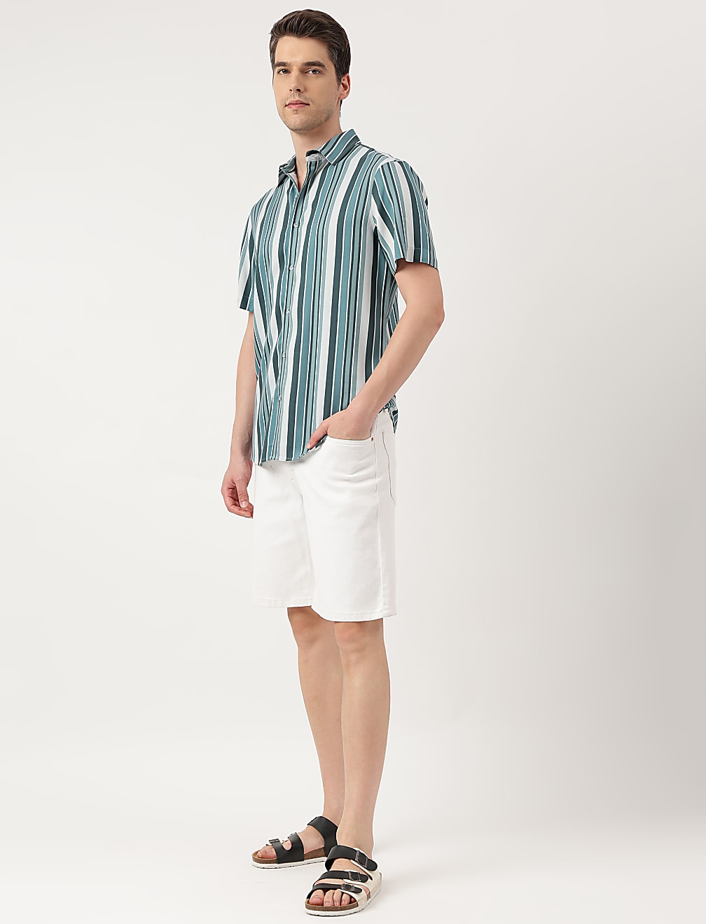 Pure Viscose Stripes Spread Collar Shirt