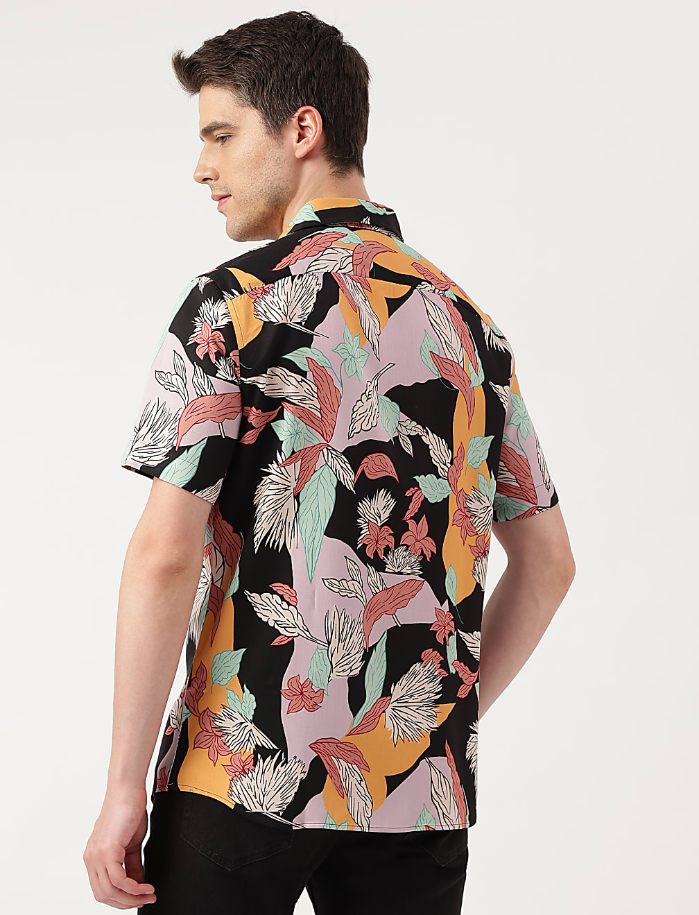 Viscose Leaves Print Spread Collar Shirt
