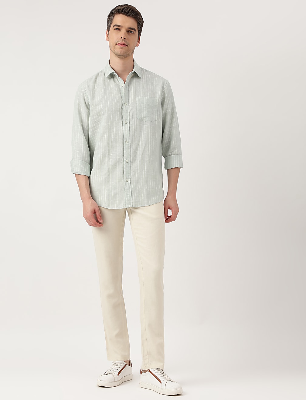 Linen Blend Striped Spread Collar Shirt