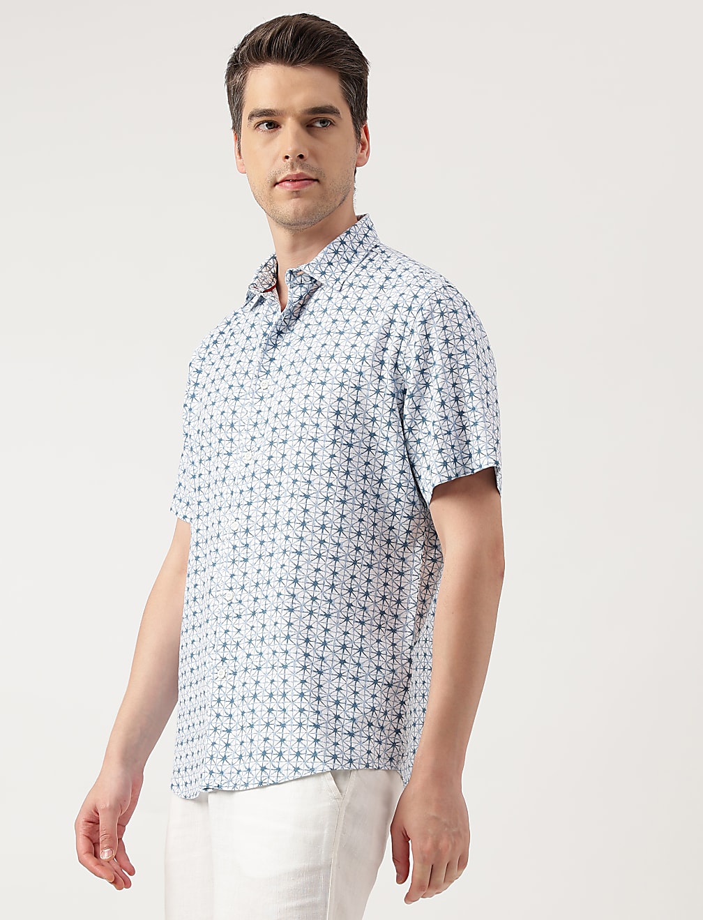 Linen Blend Printed Spread Collar Shirt