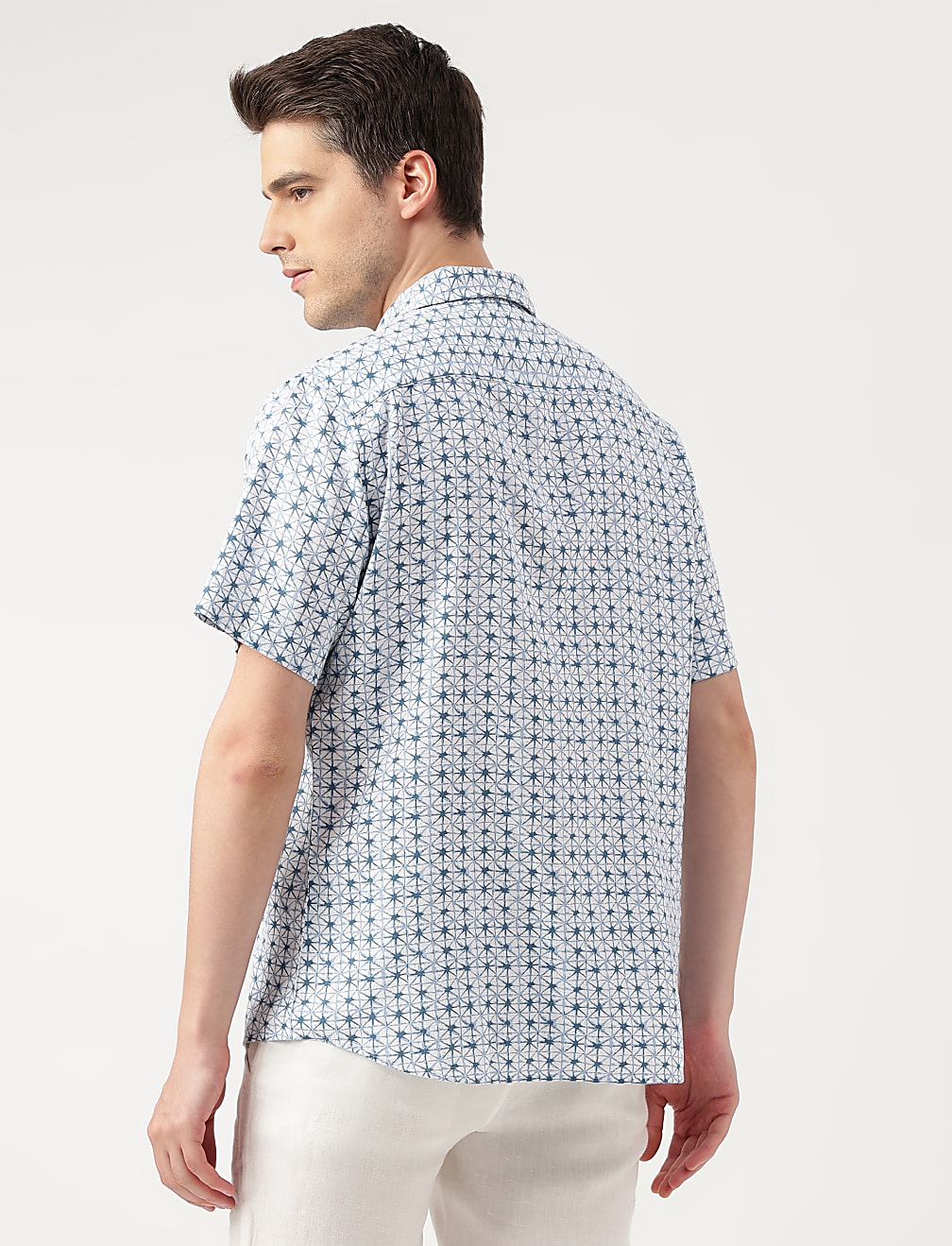 Linen Blend Printed Spread Collar Shirt