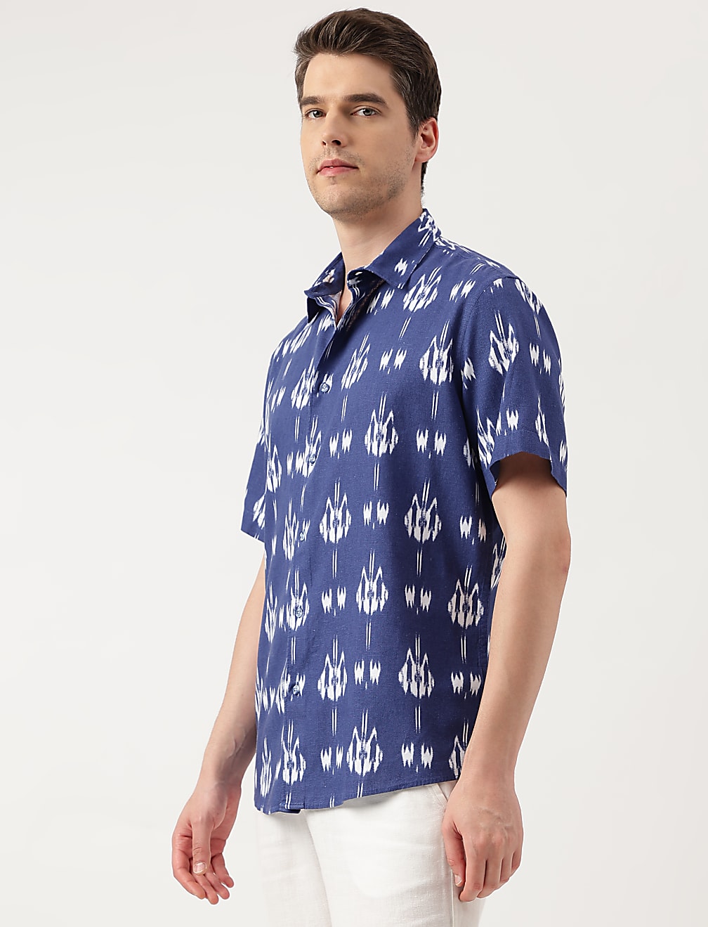 Linen Blend Printed Spread Collar Shirt