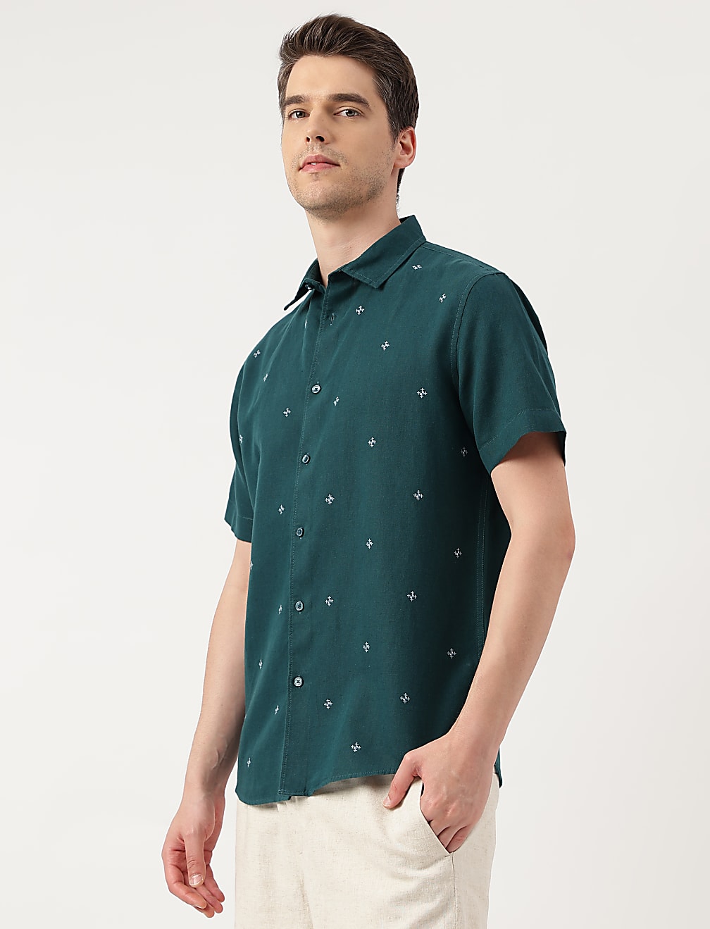 Relaxed Fit Linen Blend Embroidered Shirt