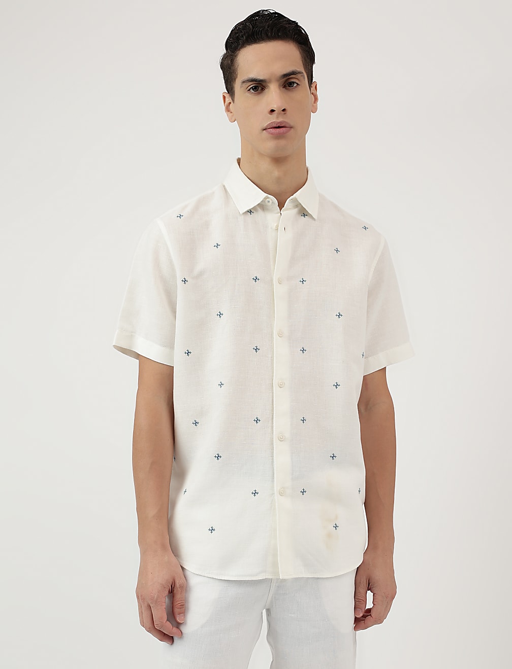 Relaxed Fit Linen Blend Embroidered Shirt