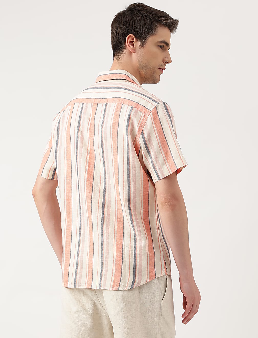 Linen Blend Striped Spread Collar Shirt