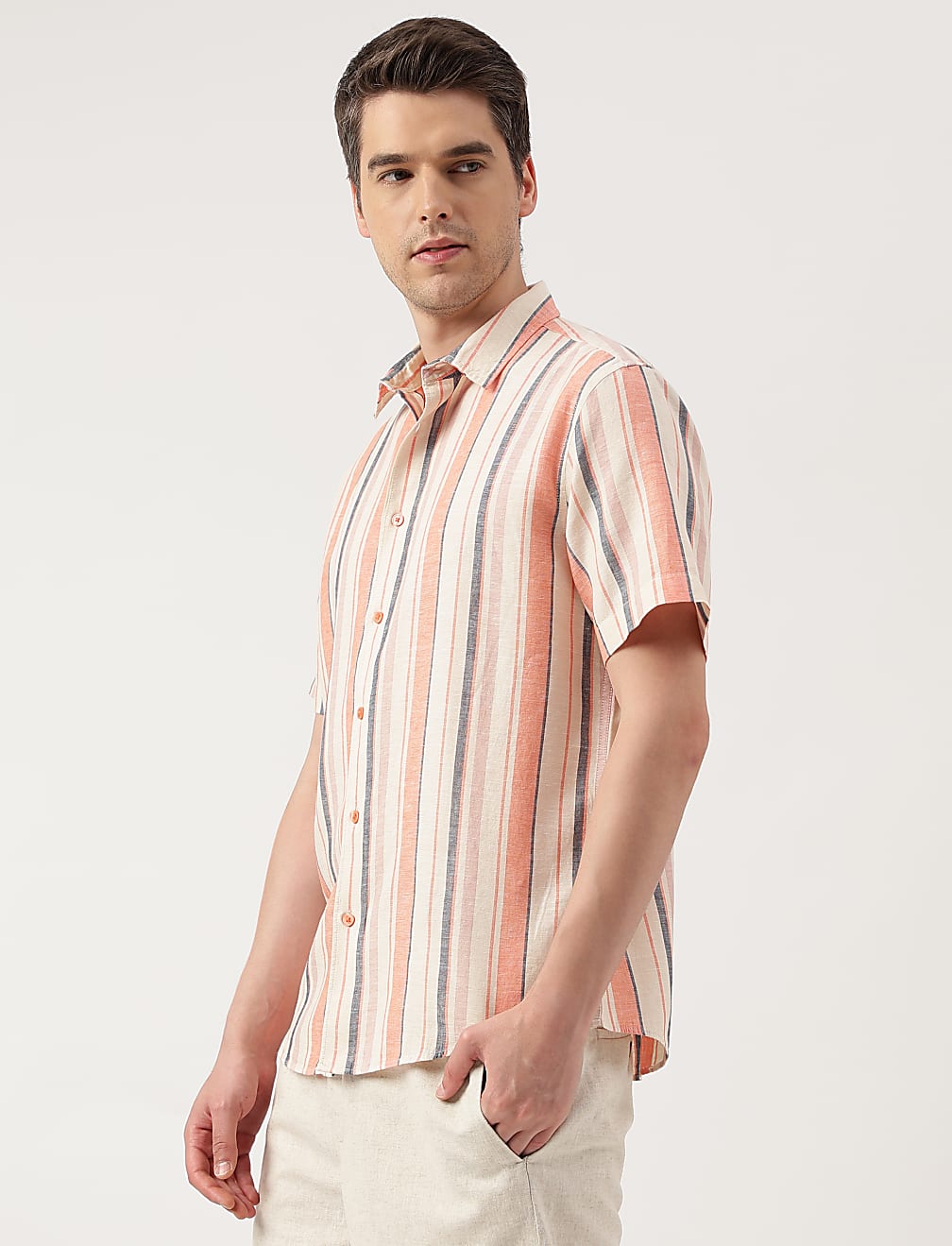 Linen Blend Striped Spread Collar Shirt