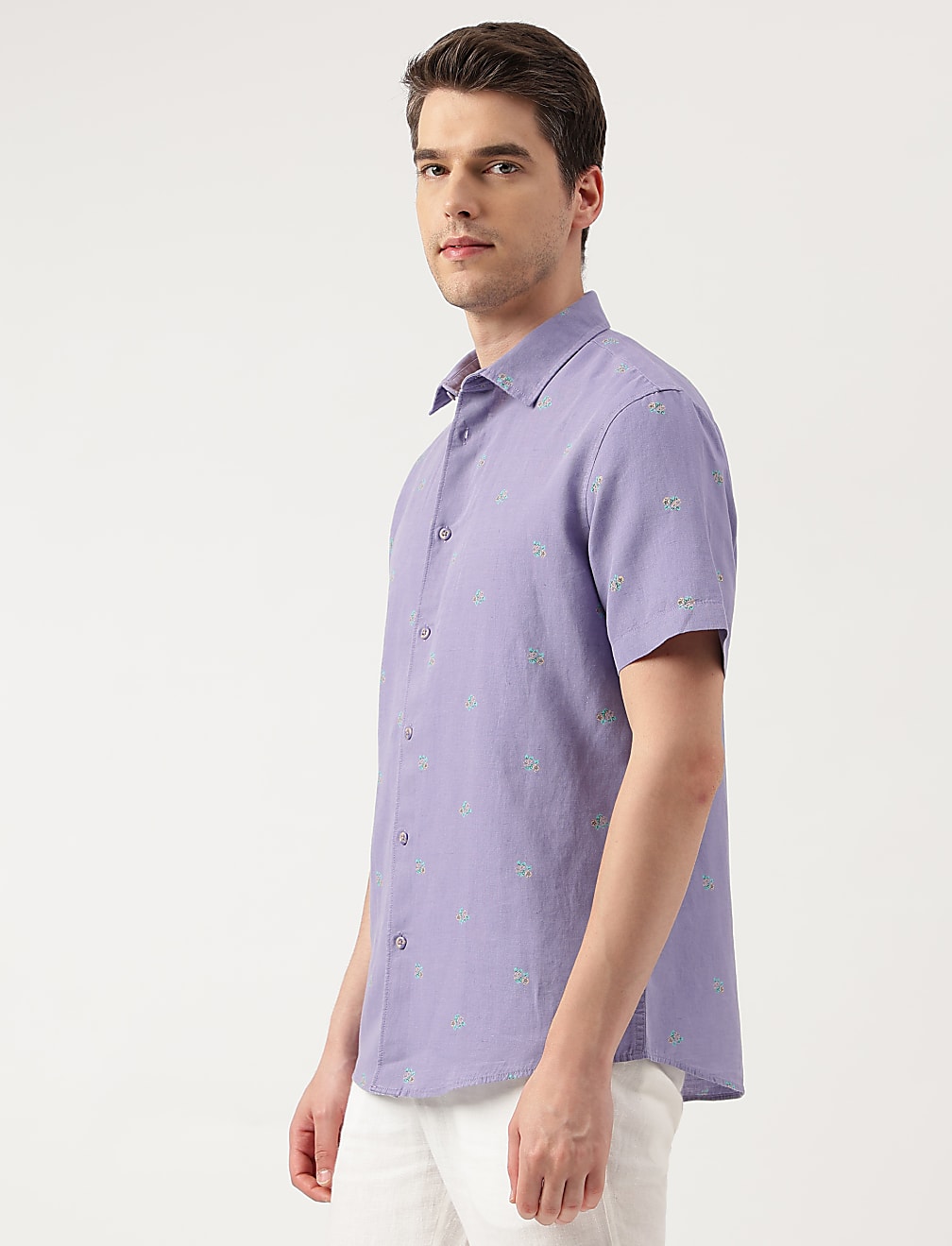Linen Blend Floral Spread Collar Shirt
