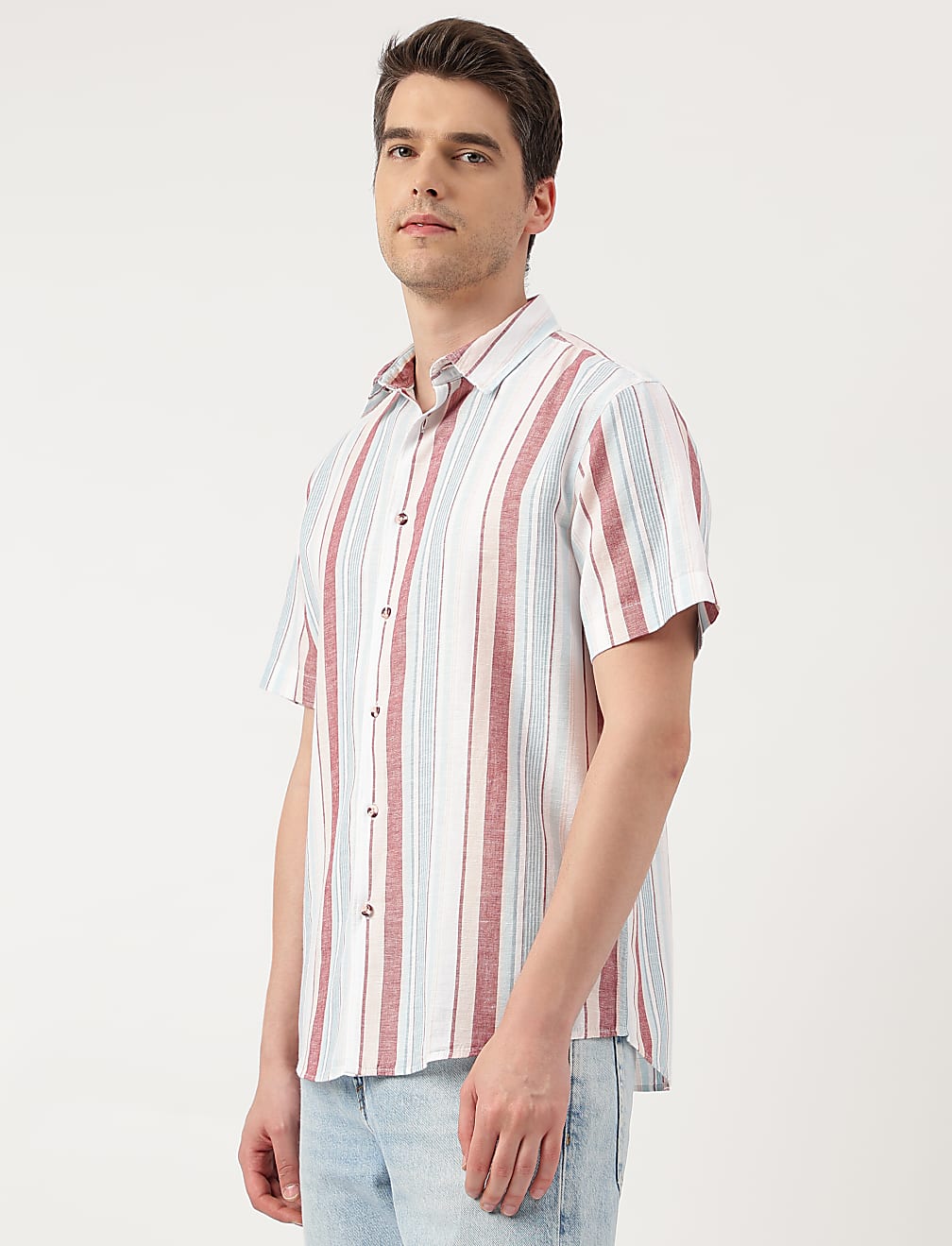 Linen Blend Striped Spread Collar Shirt
