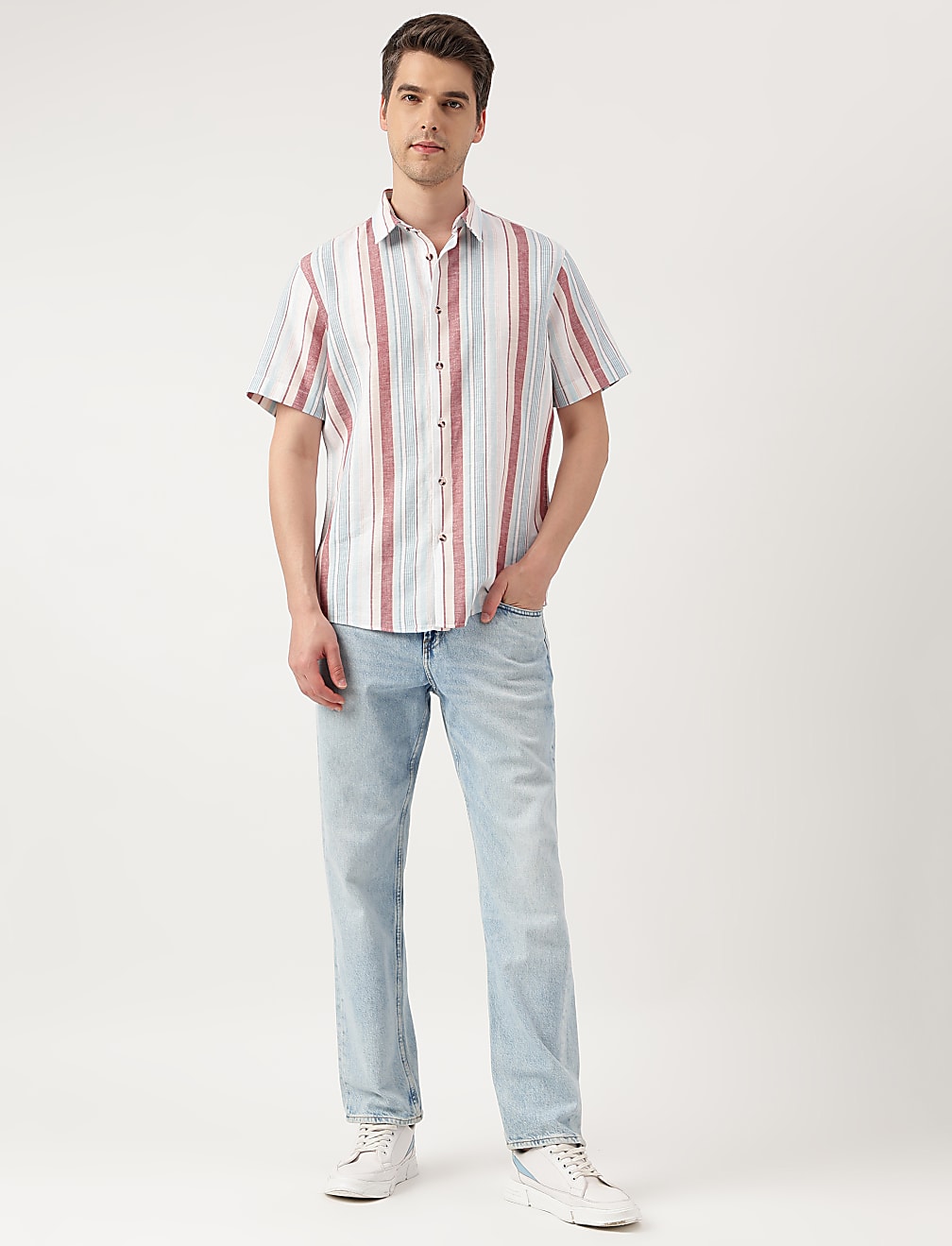 Linen Blend Striped Spread Collar Shirt