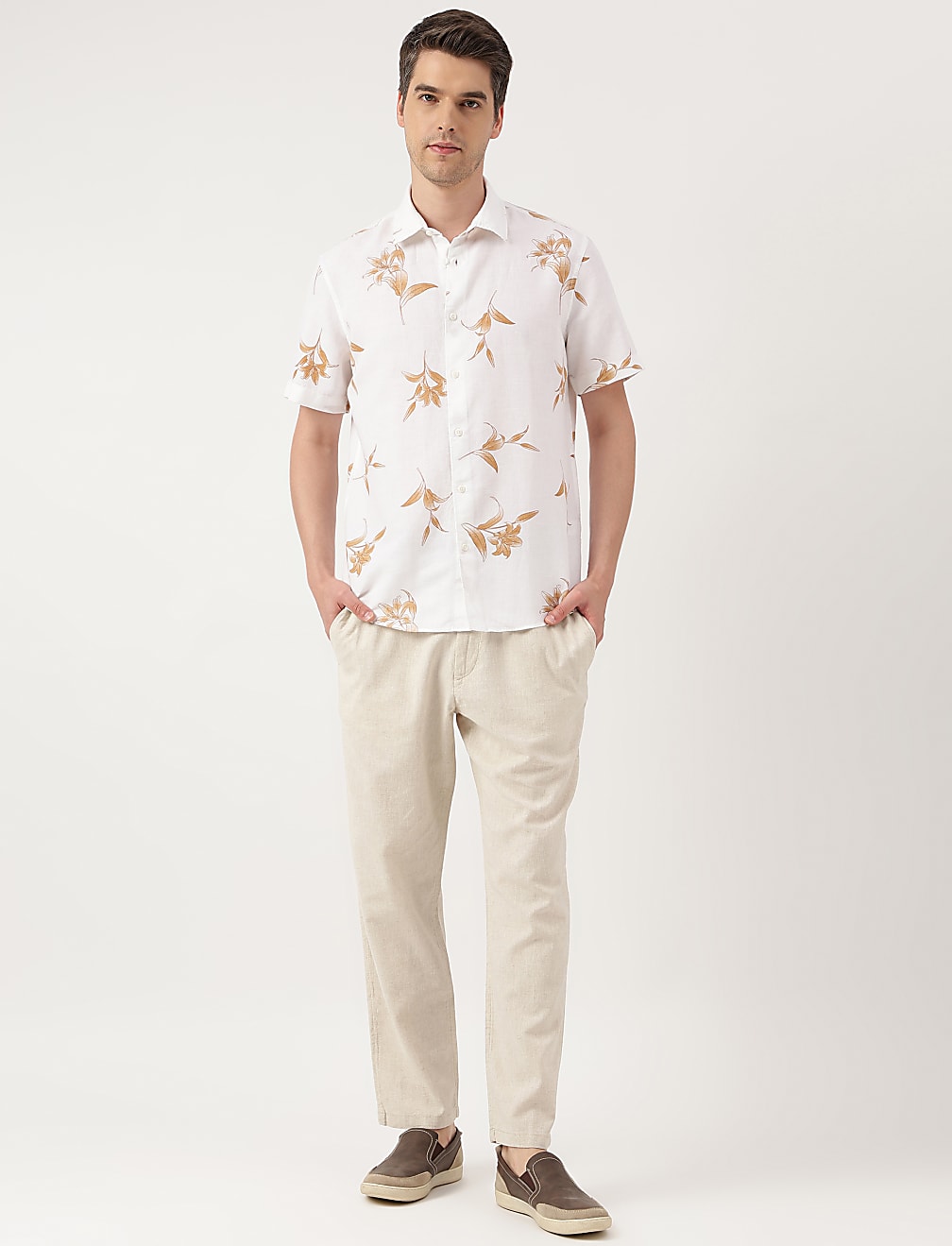 Linen Blend Floral Spread Collar Shirt