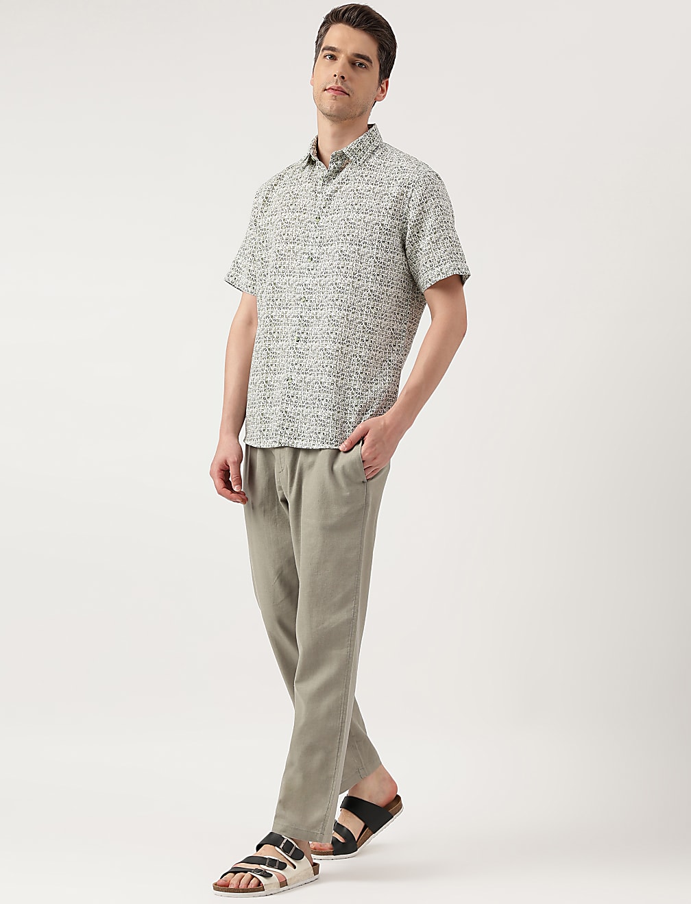Linen Blend Printed Spread Collar Shirt