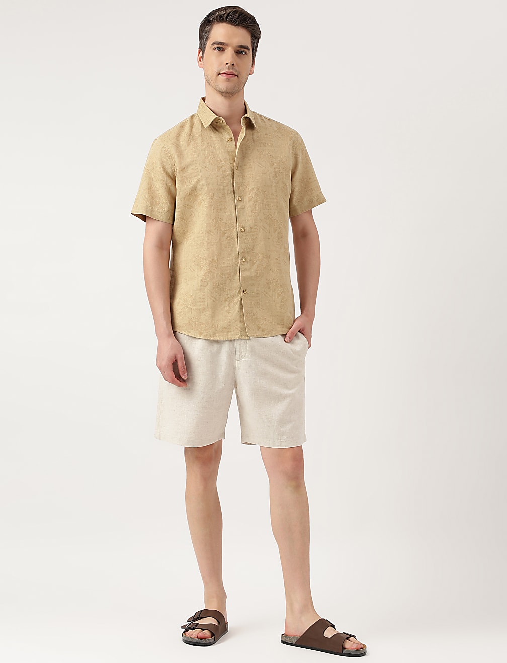 Linen Blend Printed Spread Collar Shirt