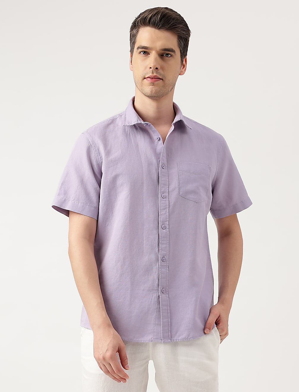 Linen Blend Solid Spread Collar Shirt