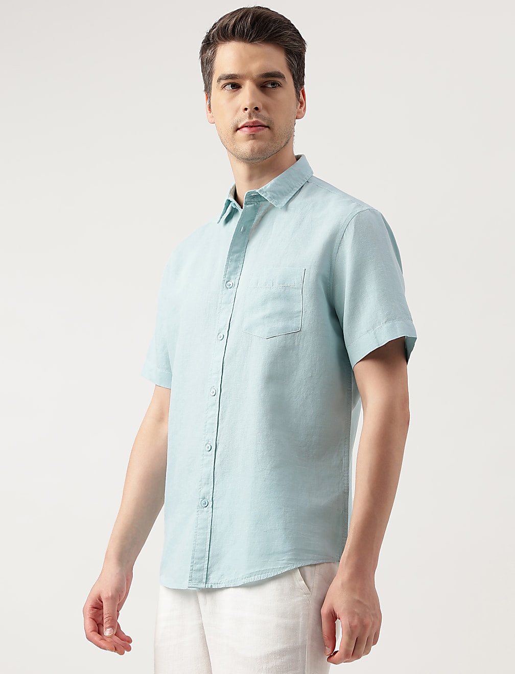 Linen Blend Solid Spread Collar Shirt