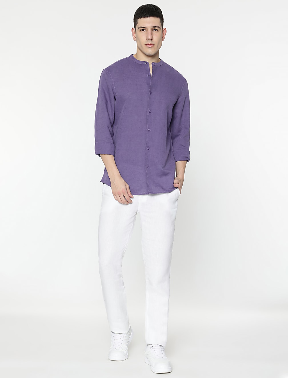 Linen Rich Mandarin Collar Shirt