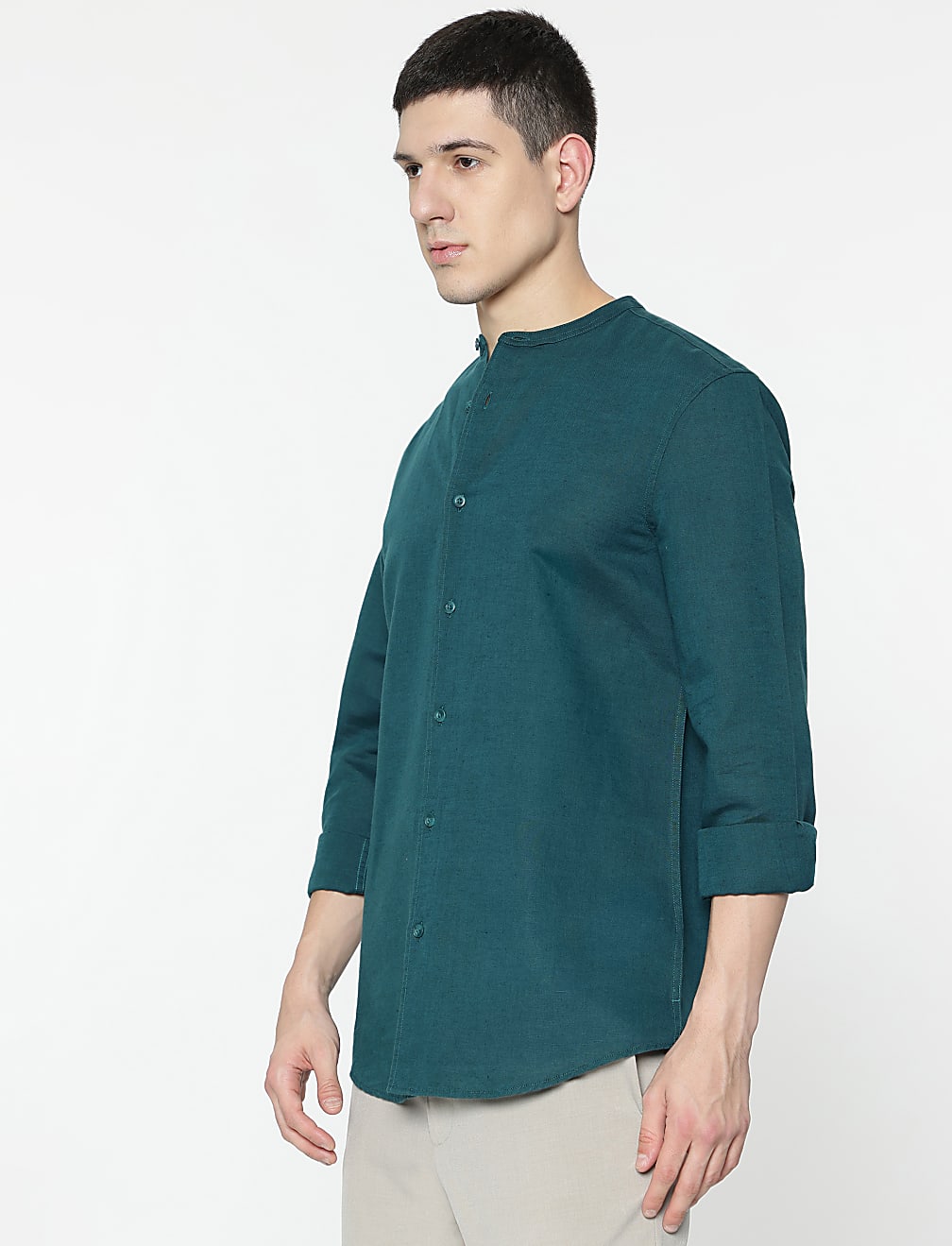 Linen Rich Mandarin Collar Shirt