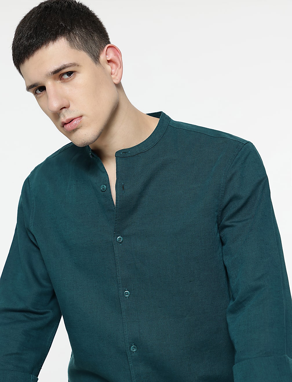 Linen Rich Mandarin Collar Shirt