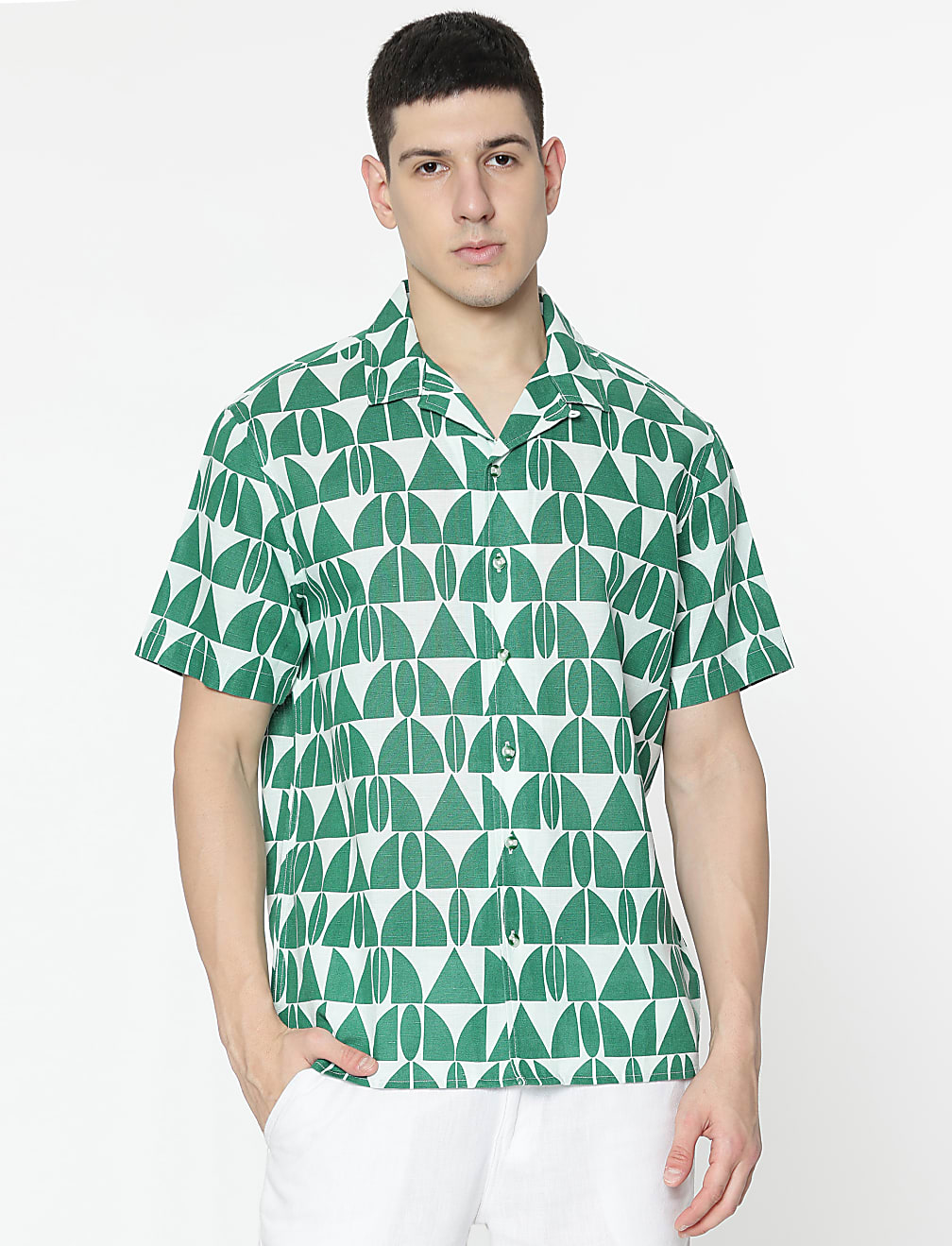 Relaxed Fit Linen Mix Geometric Print Shirt