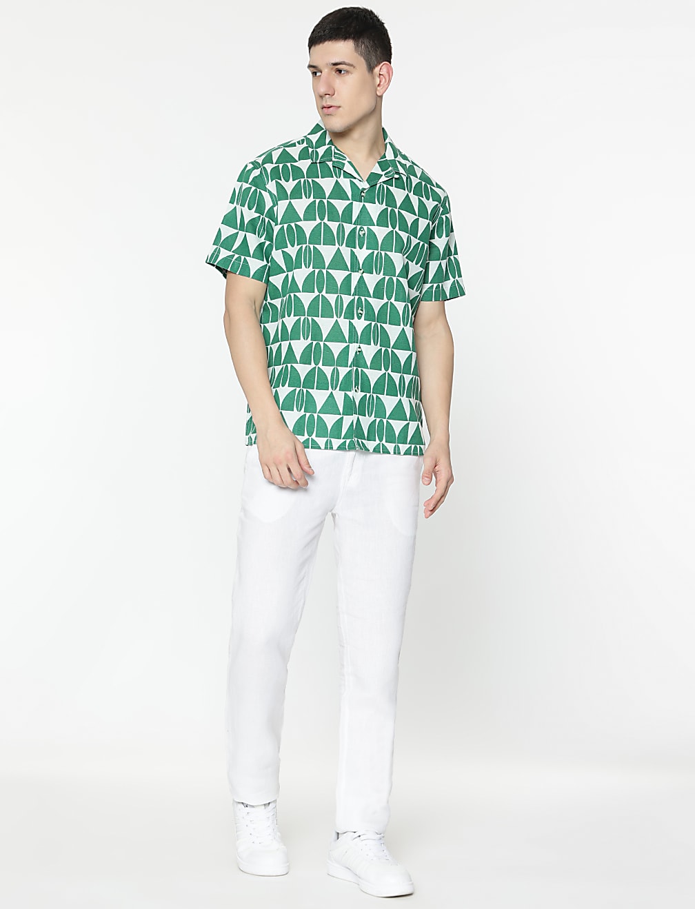 Relaxed Fit Linen Mix Geometric Print Shirt