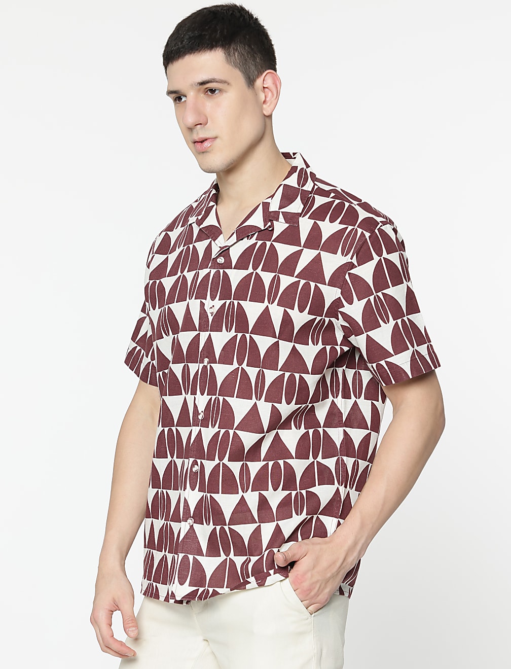 Relaxed Fit Linen Mix Geometric Print Shirt
