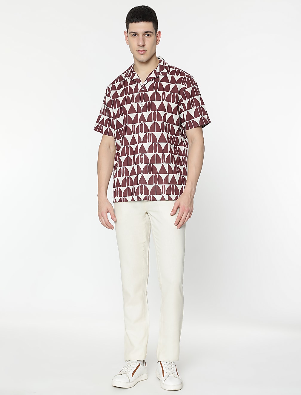 Relaxed Fit Linen Mix Geometric Print Shirt