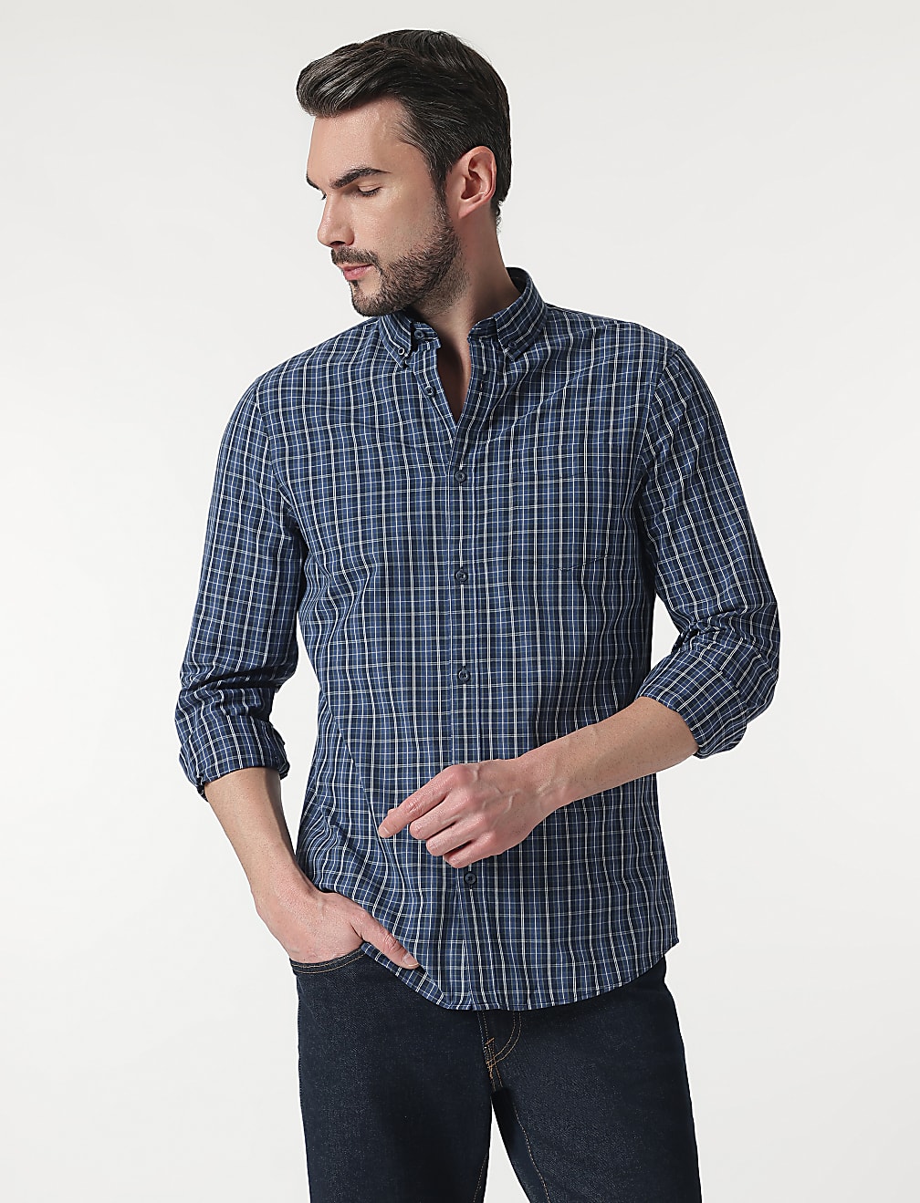 Pure Cotton Check Button Down Collar Shirt
