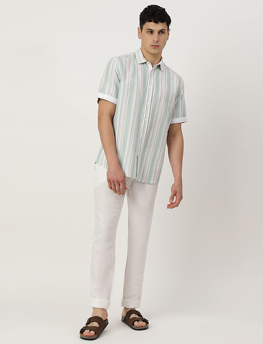 Linen Blend Striped Spread Collar Shirt
