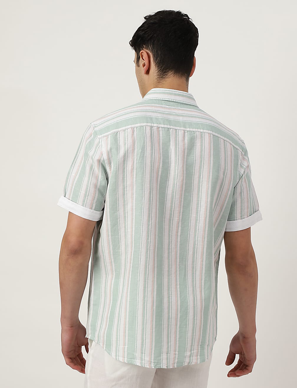 Linen Blend Striped Spread Collar Shirt