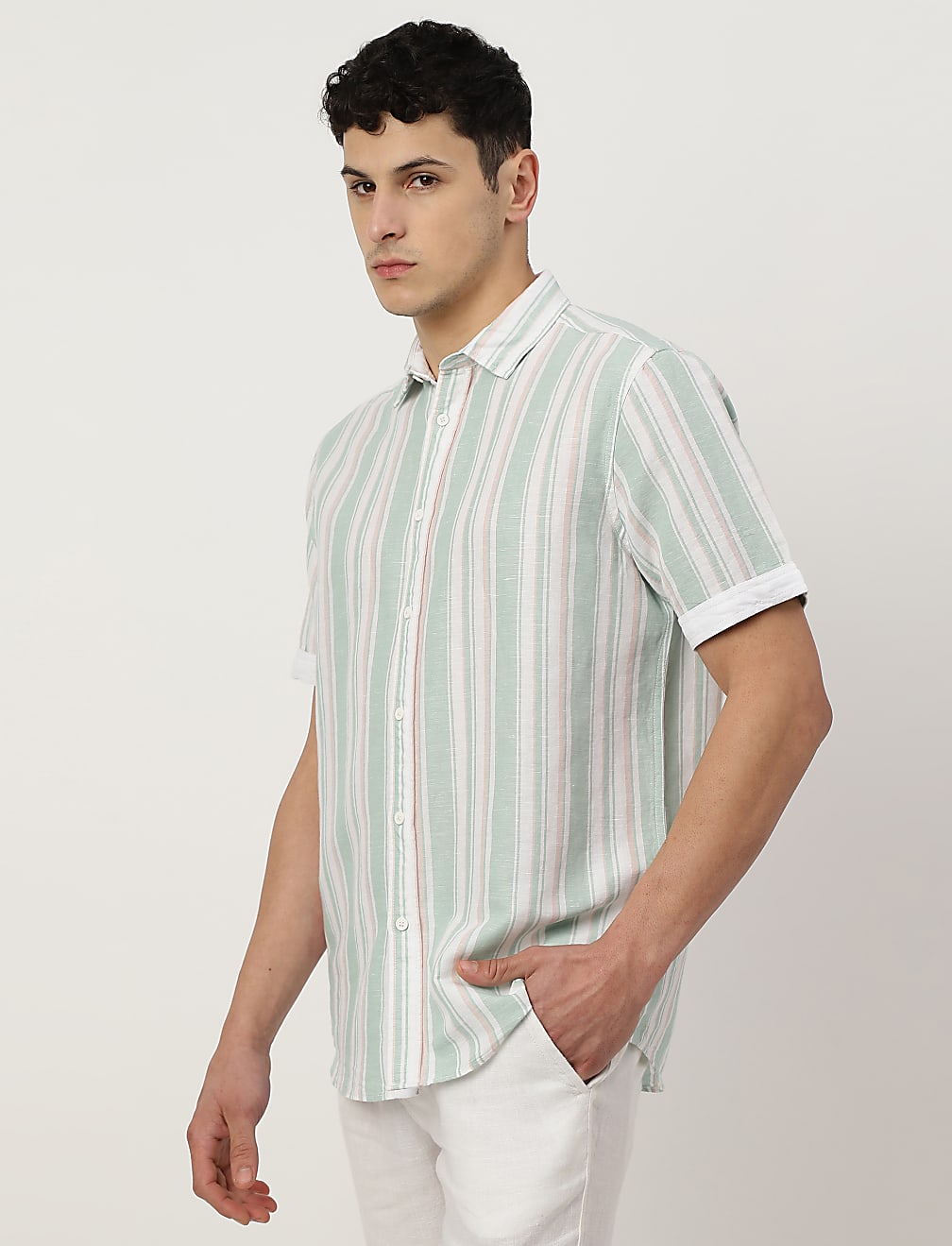 Linen Blend Striped Spread Collar Shirt