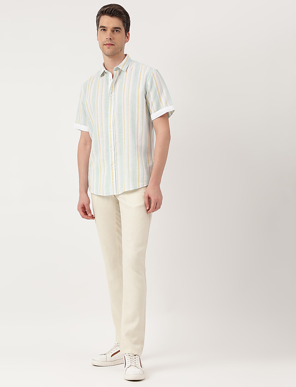 Linen Blend Striped Spread Collar Shirt