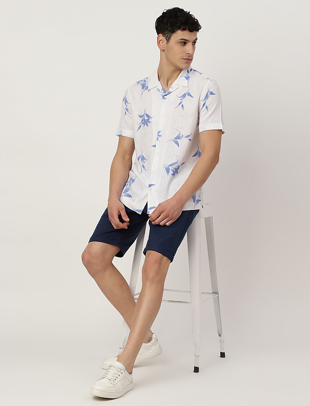 Linen Mix Printed Spread Collar Shirt