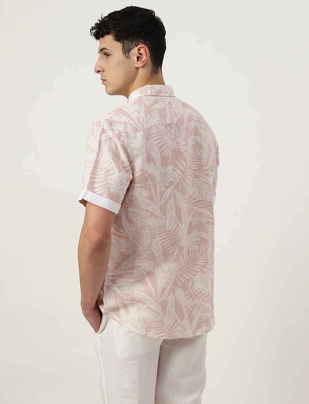 Linen Mix Printed Spread Collar Shirt