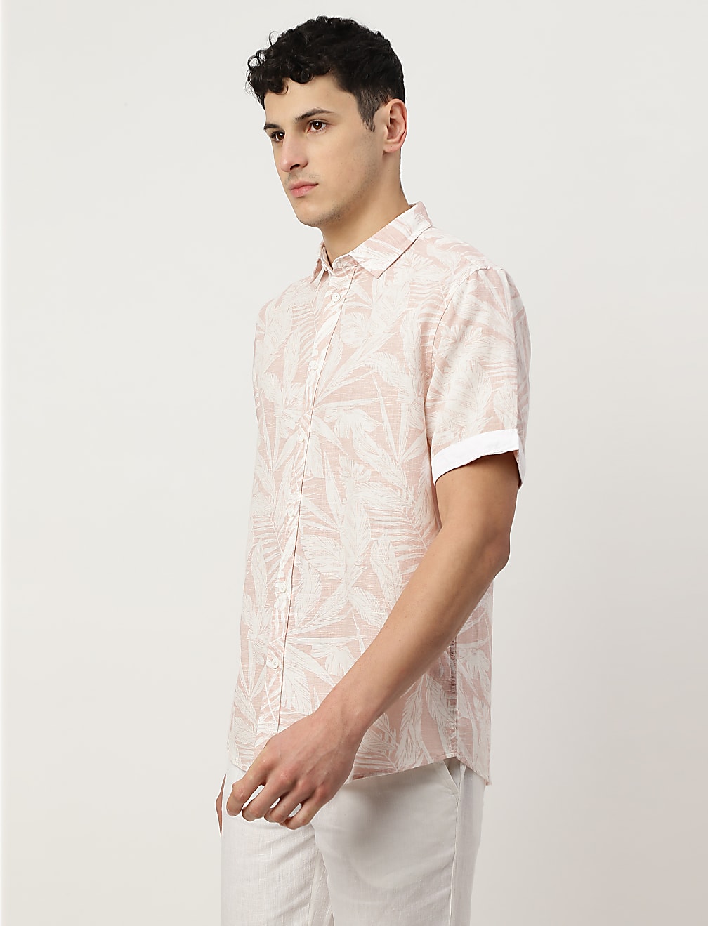 Linen Mix Printed Spread Collar Shirt