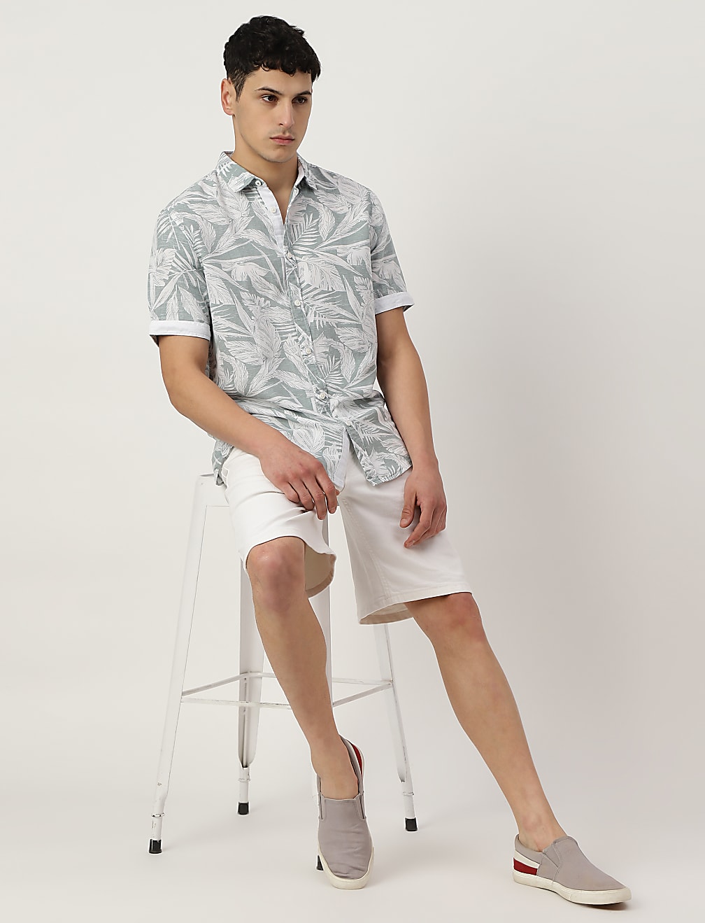 Linen Mix Printed Spread Collar Shirt