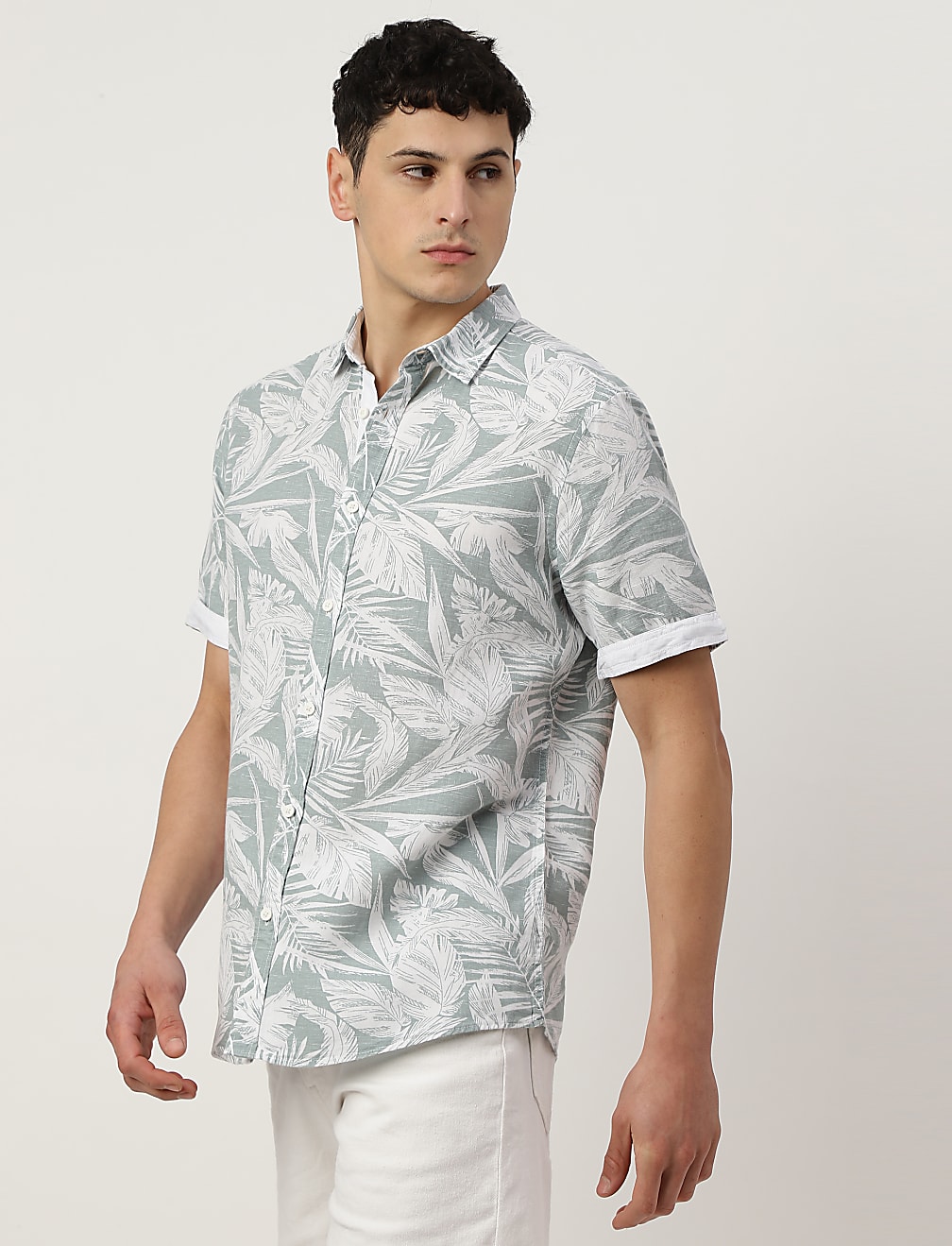 Linen Mix Printed Spread Collar Shirt